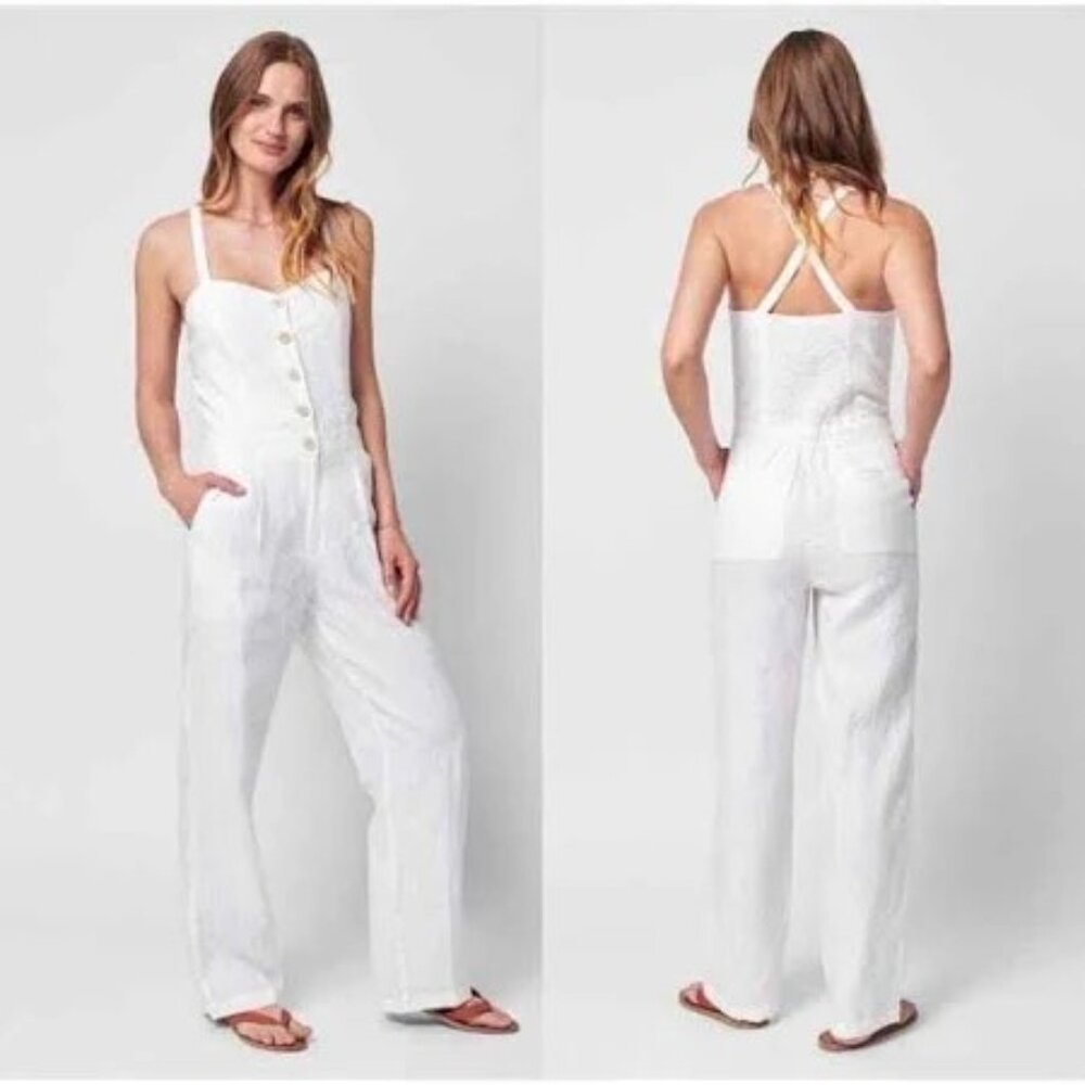 Faherty White Linen Button-Front Jumpsuit